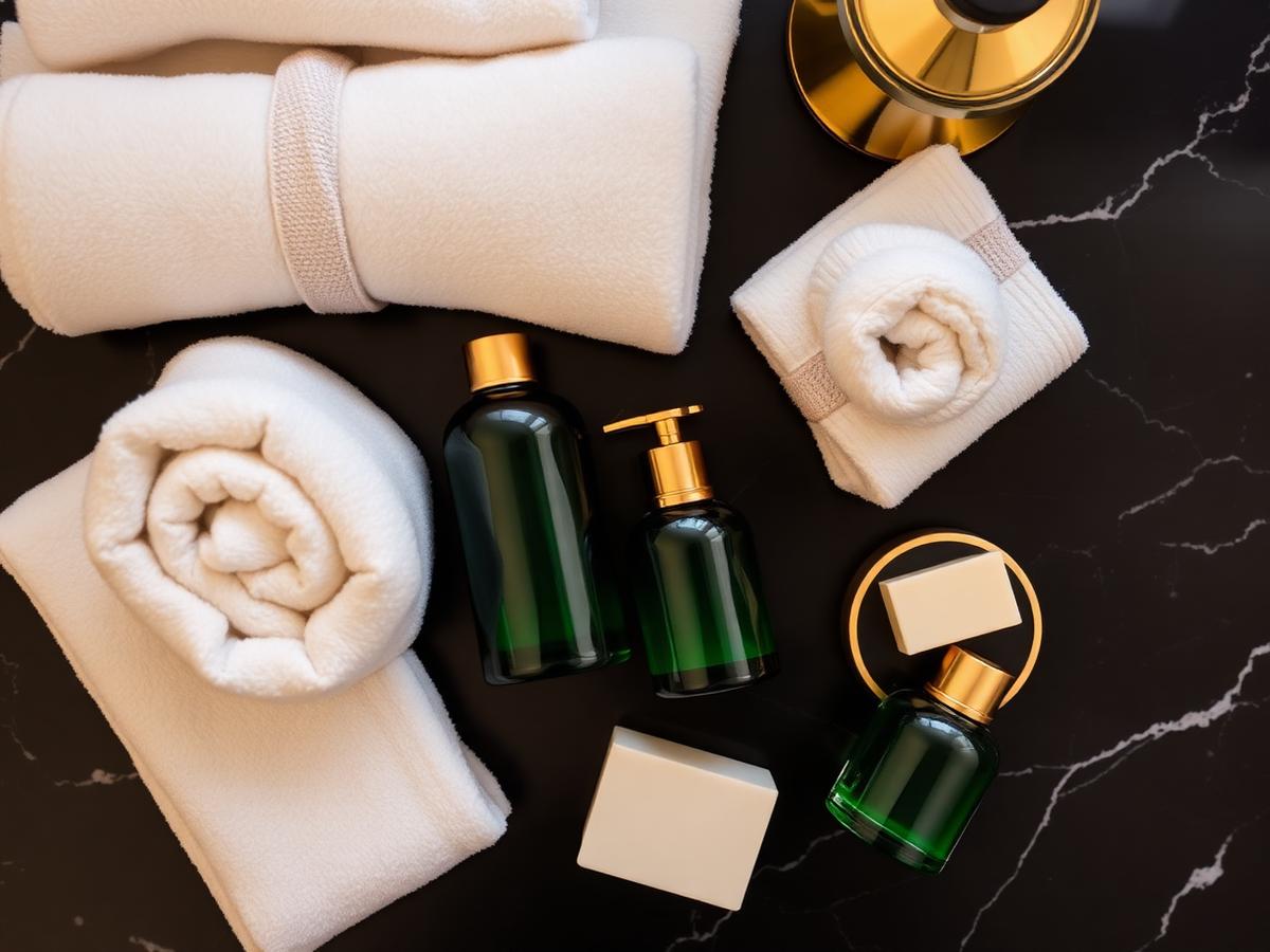 Luxury toiletries in dark green glass with gold caps and folded towels