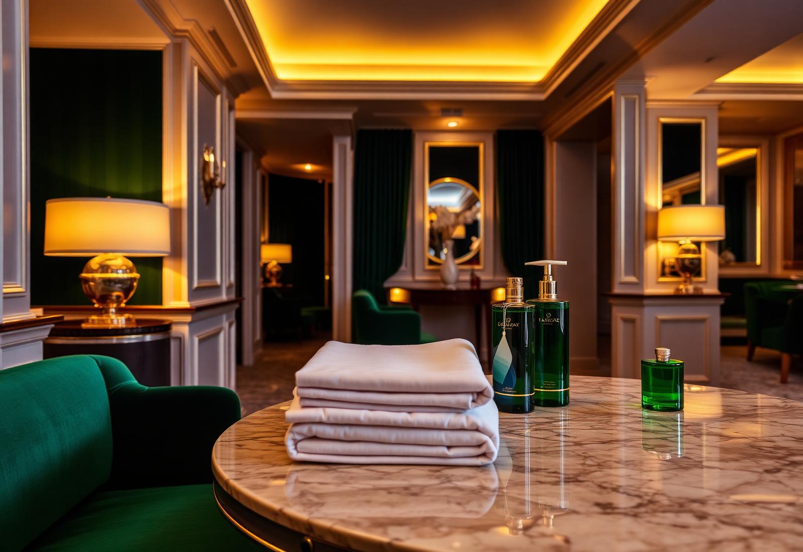 Luxury hotel suite with premium linens and green amenities