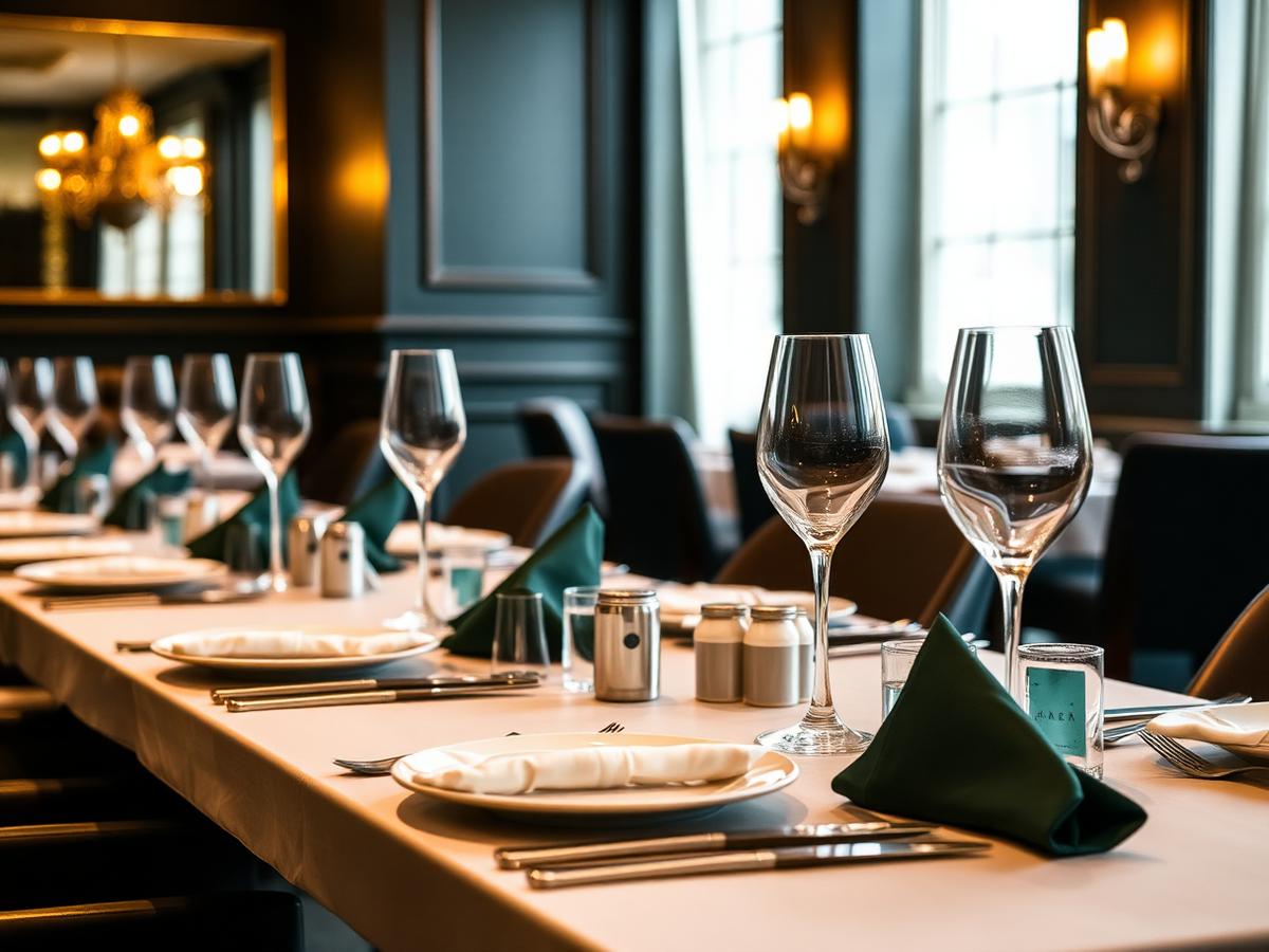 Elegant restaurant table with green napkins